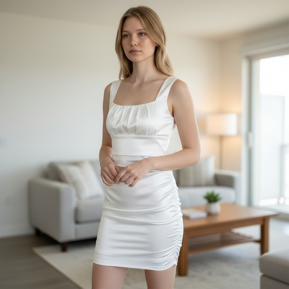 Windsor White Satin Ruched Bodycon Mini Dress X27X695 Square Neck Cutout Back